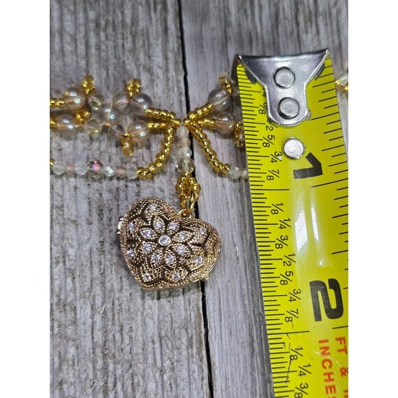 Handcrafted 18k Gold Plated Heart Locket Peach Zircon & Prehnite Beaded Necklace - Picture 10 of 10